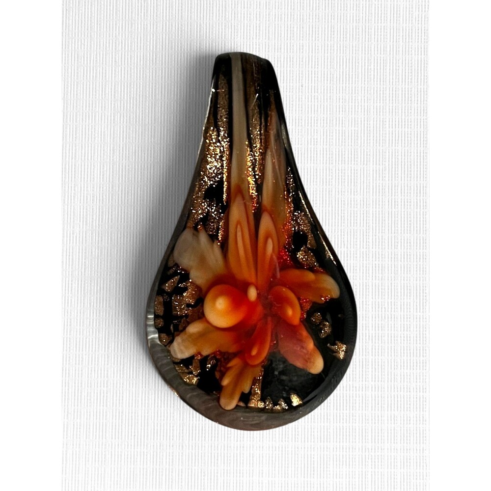 Lampwork Art Glass Teardrop Pendant Orange Red Floral Copper Aventurine 2 inch